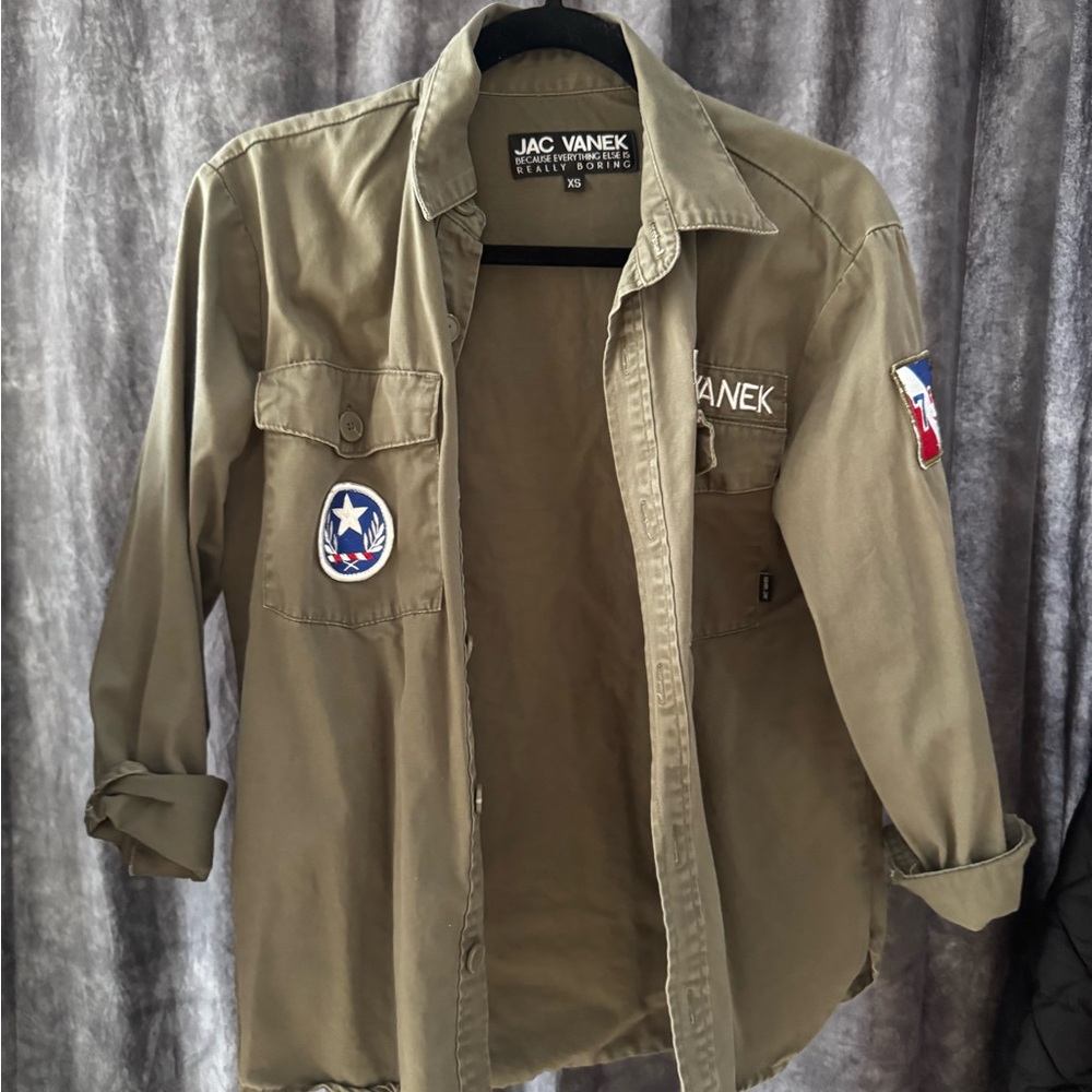 Jac Vanek Olive Oversized Jacket with White Text